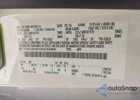 2016 Ford Escape Titanium z USA, uszkodzony, nr VIN 1FMCU9J91GUC53569